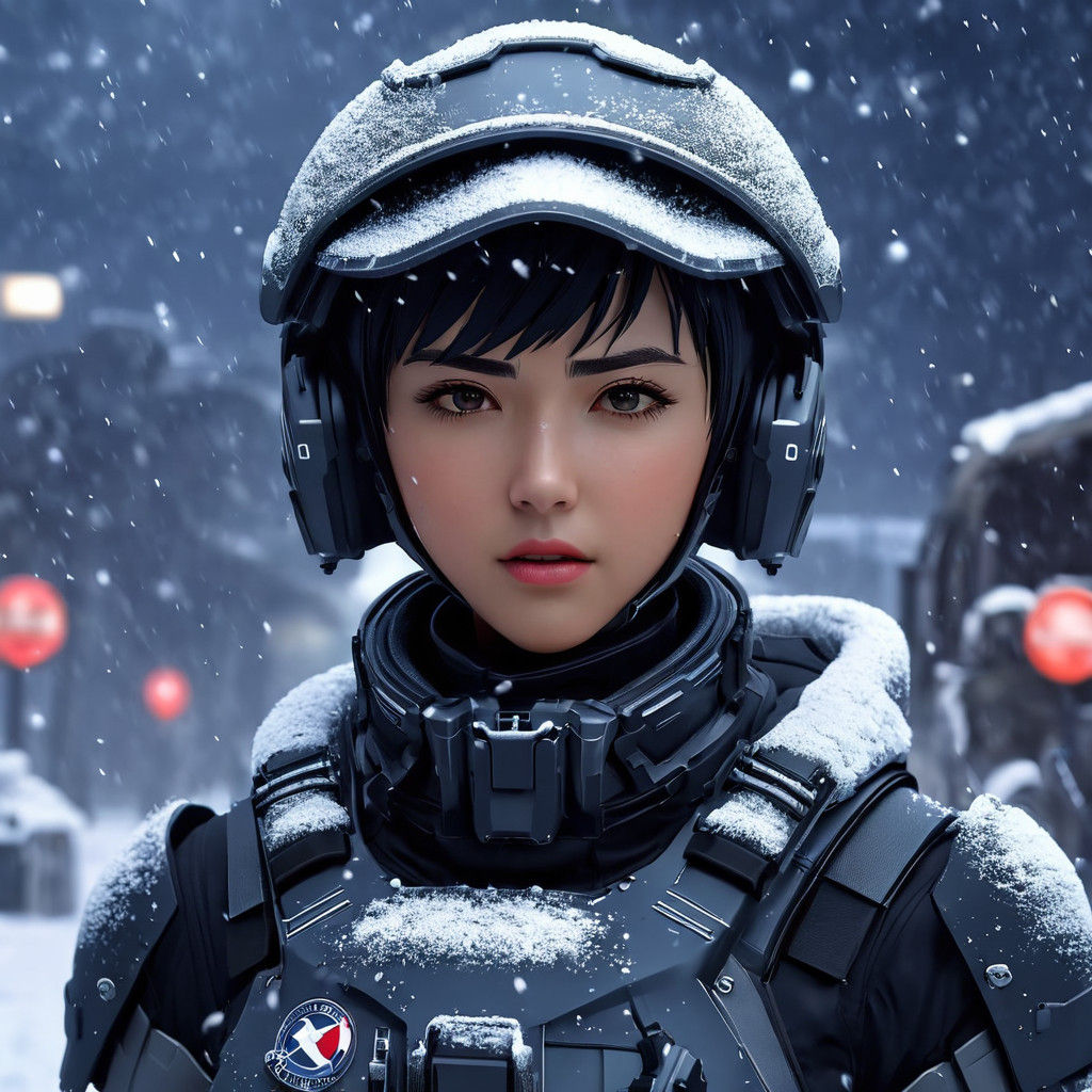 Scifi Soldier Anime Girl in a snow storm...
