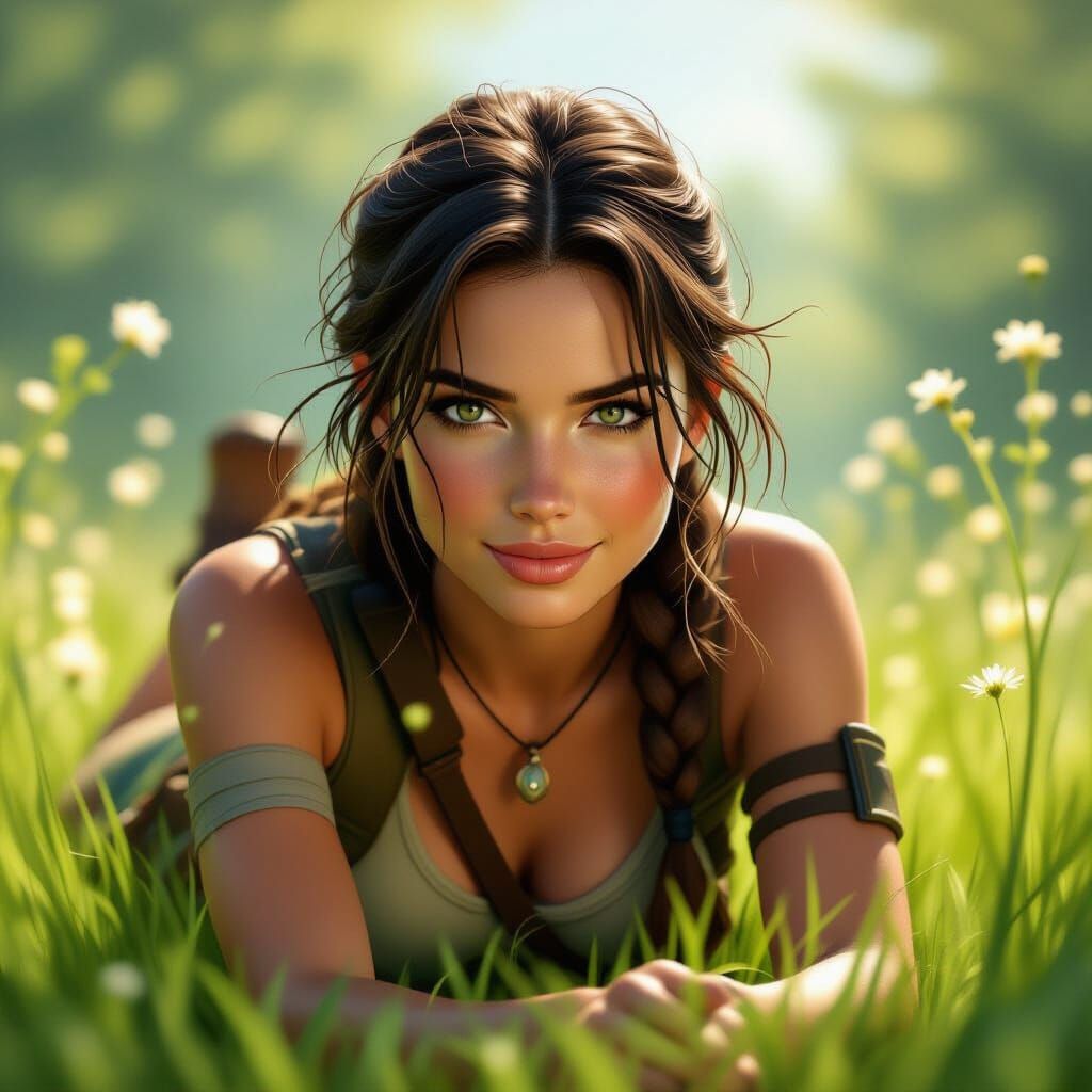 Young Lara Croft Smiling in Meadow with Natural Light