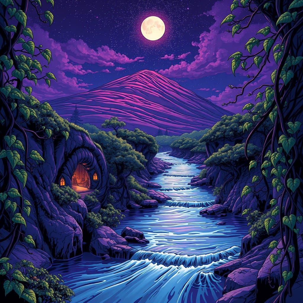 River Flowing From Purple Hill Under Dark Holy Sky