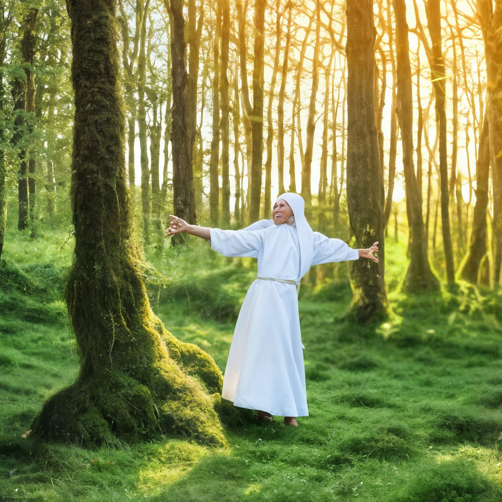 A young nun dances around a mossy rock in a sun-drenched mea...