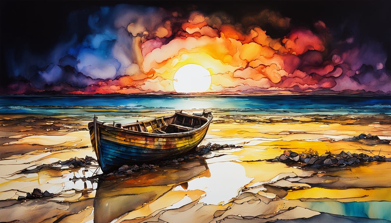 Abandoned Boat on a Vibrant Yellow Sunset Beach