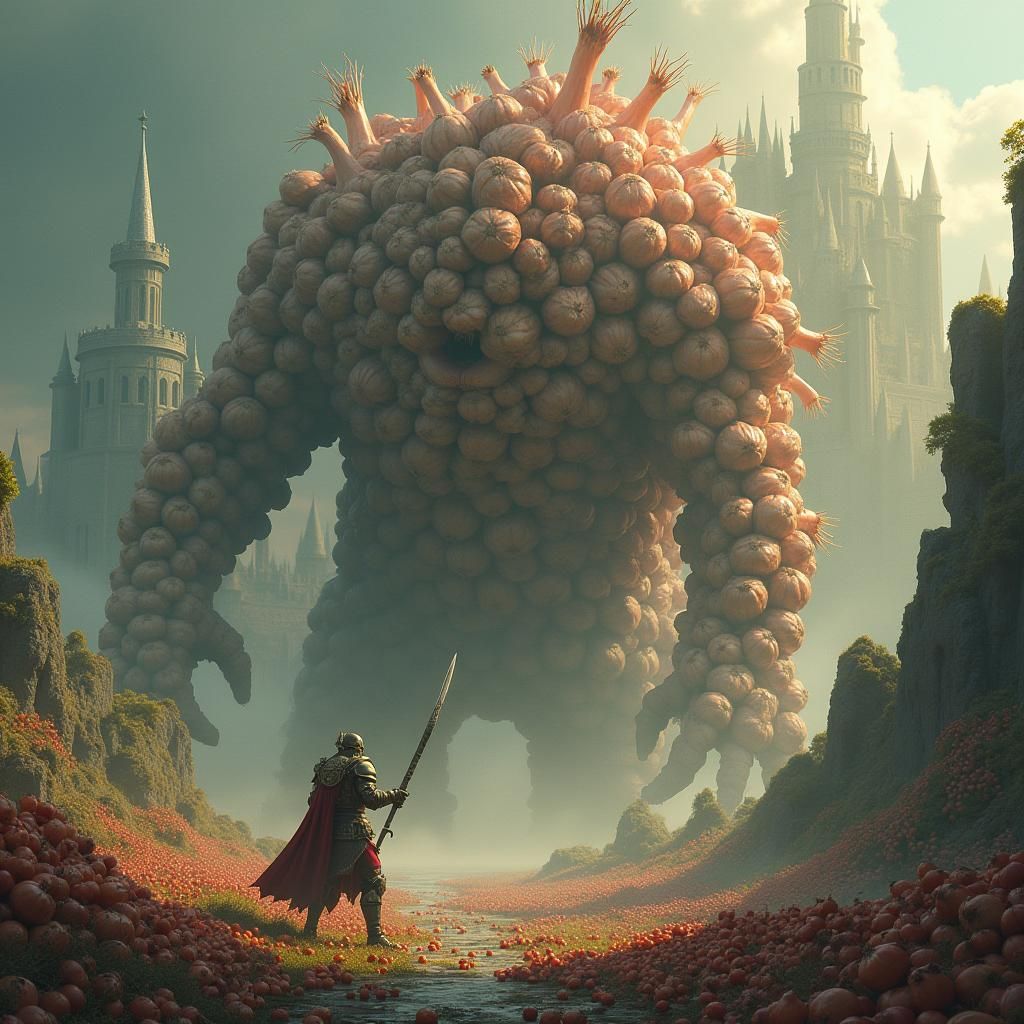 Warrior Battles Onion Giant to Protect Castle