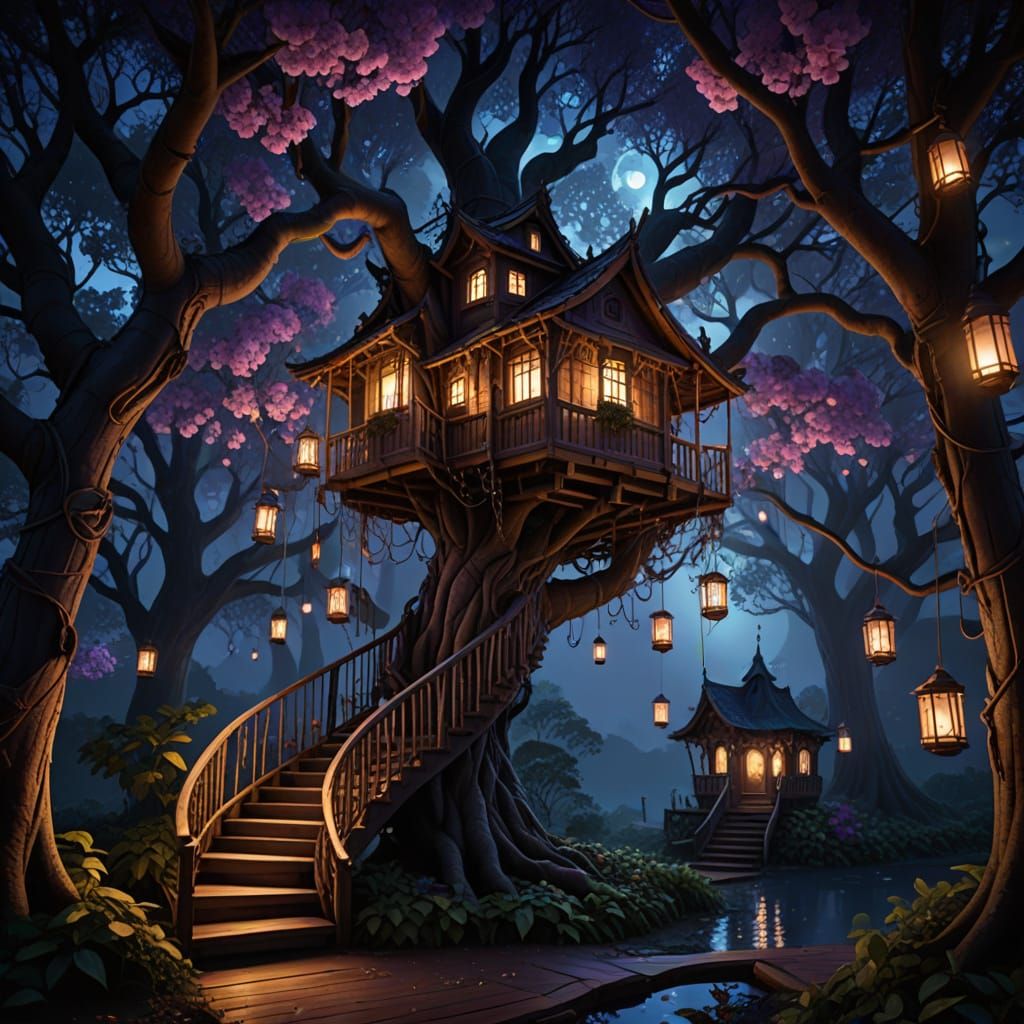 Enchanted Nighttime Treehouse in Bloom