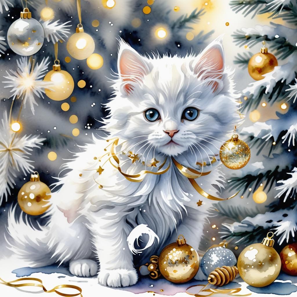 Surreal Watercolor Christmas Scene with Kitten and Tree