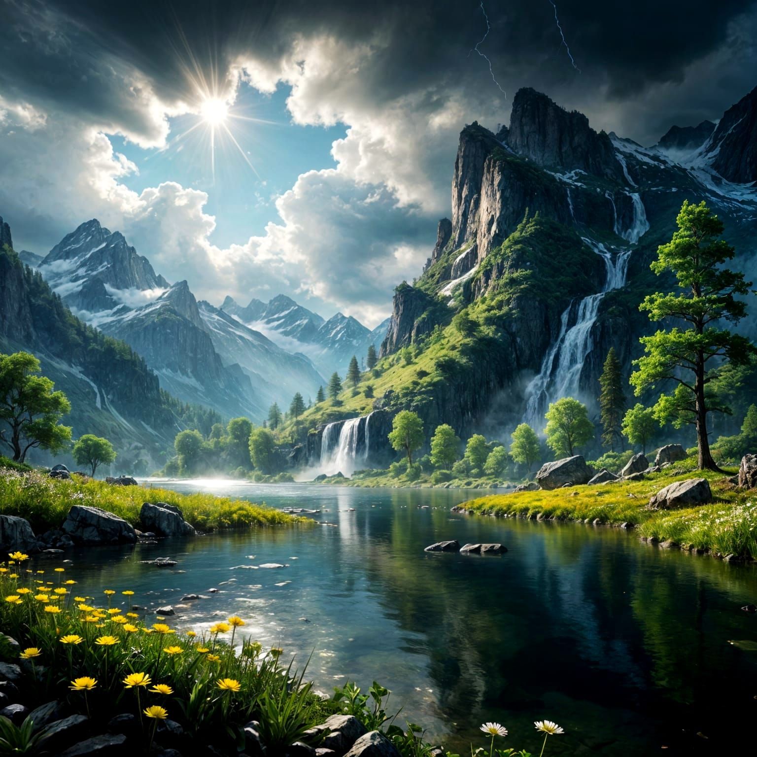 Epic Mountain Landscape with Majestic Waterfalls and Dazzlin...