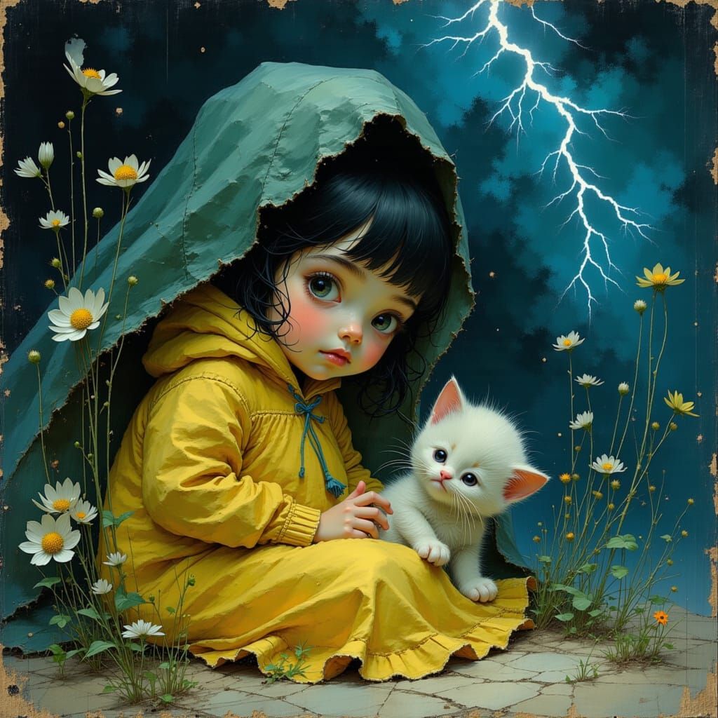 Girl and Kitten in Storm, Whimsical Illustration