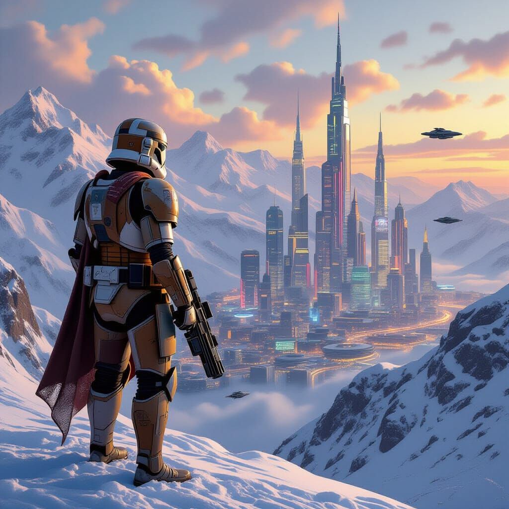 Clone Trooper Guarding Futuristic City in Photorealistic Sty...