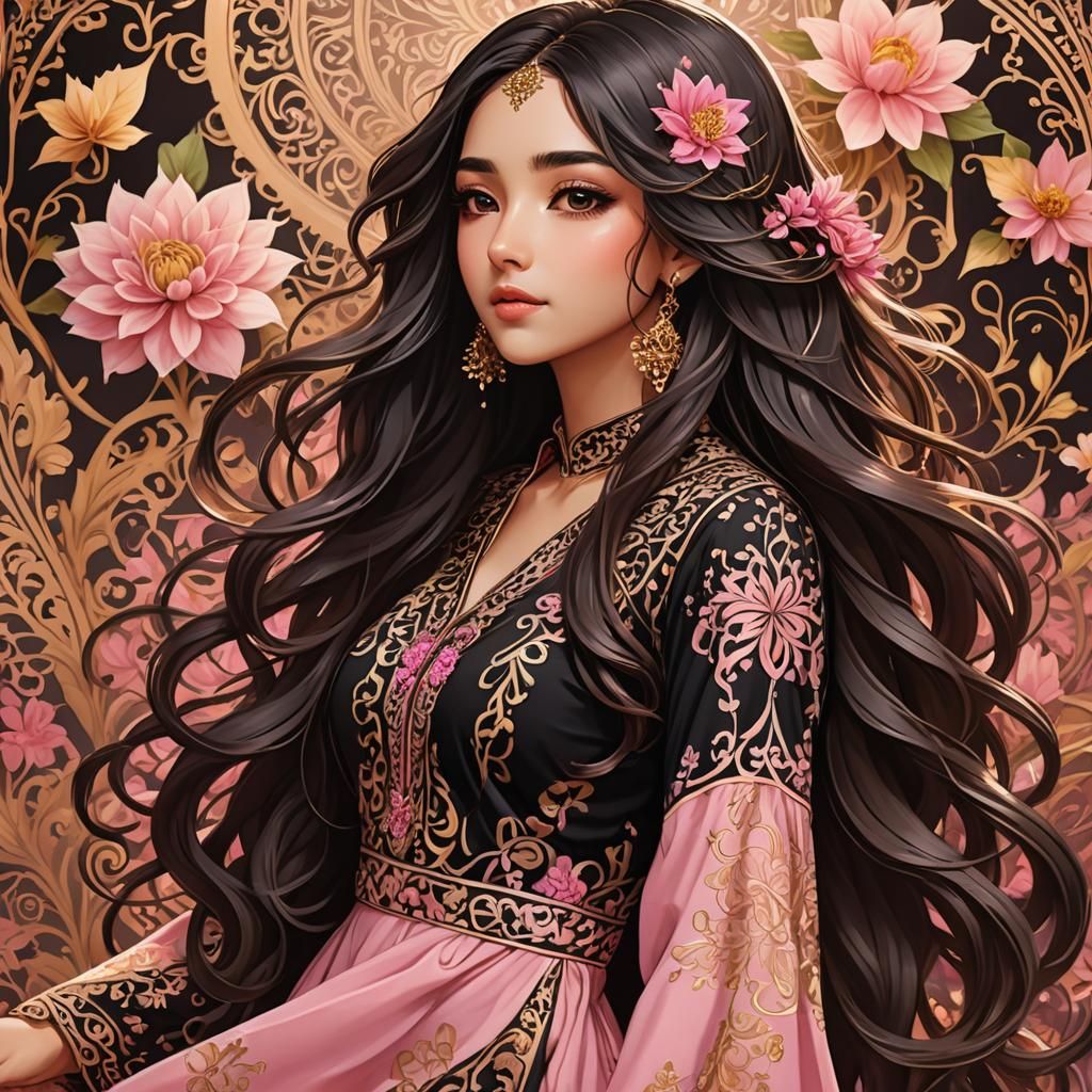 Anime Girl in Dahlia Dress, Manga Style