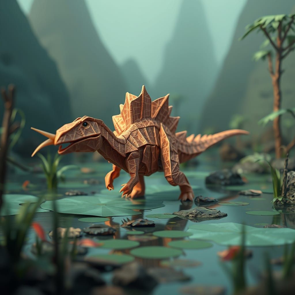 Origami Spinosaurus Roaming Prehistoric Swamp