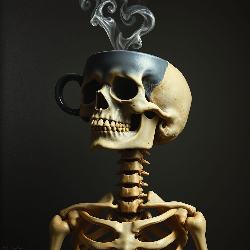 Surreal Skeleton with Coffee Cup Head in Oil Painting Style
