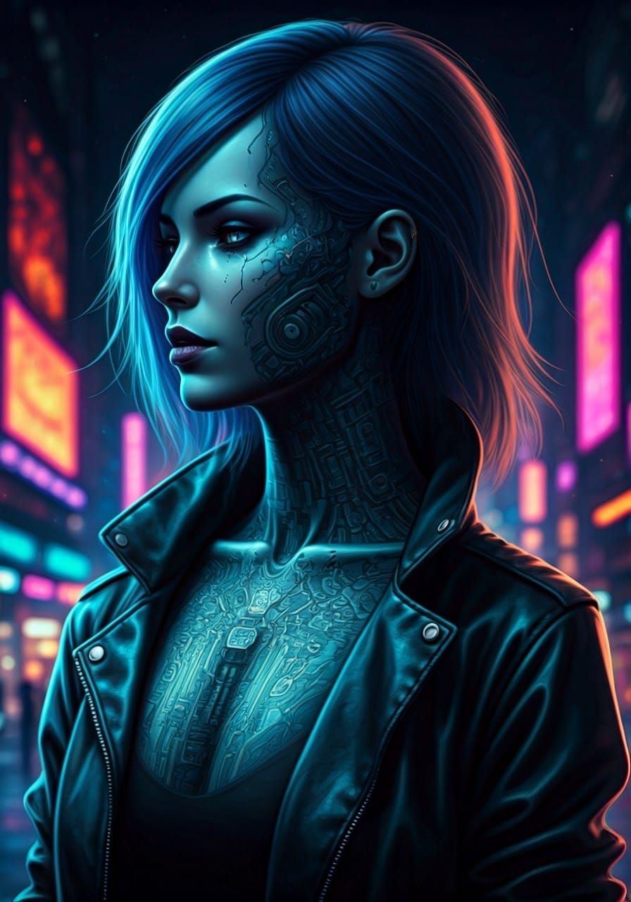 Cyberpunk Woman with Neon Tattoo in Anime Style