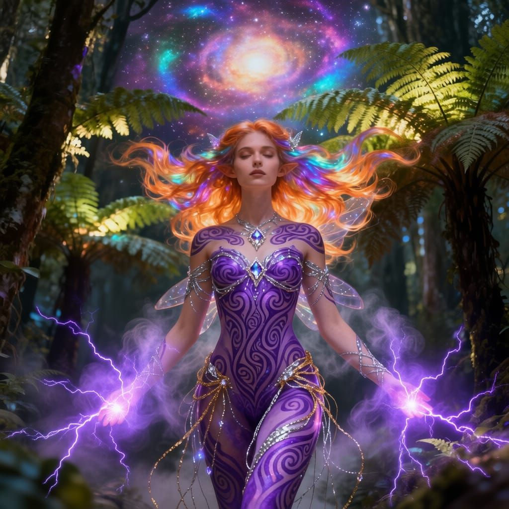 Maori Pattern Fairy Casting Lightning in Bioluminescent Fore...