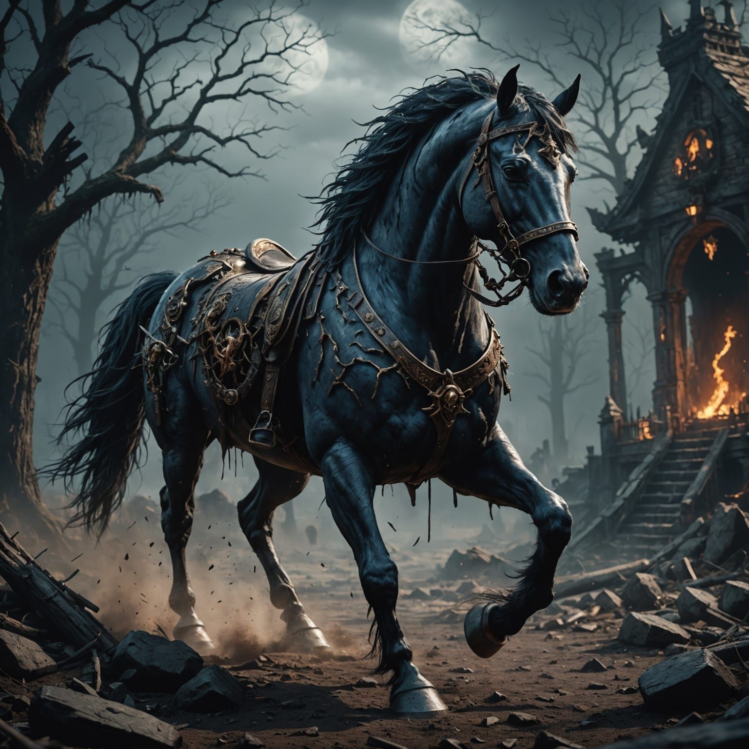 Terrifying Horror Horse Close-up: Detailed Matte Painting