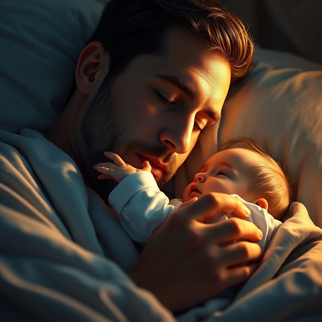 Gentle Father and Son Moment in Whimsical, Moonlit Bedroom