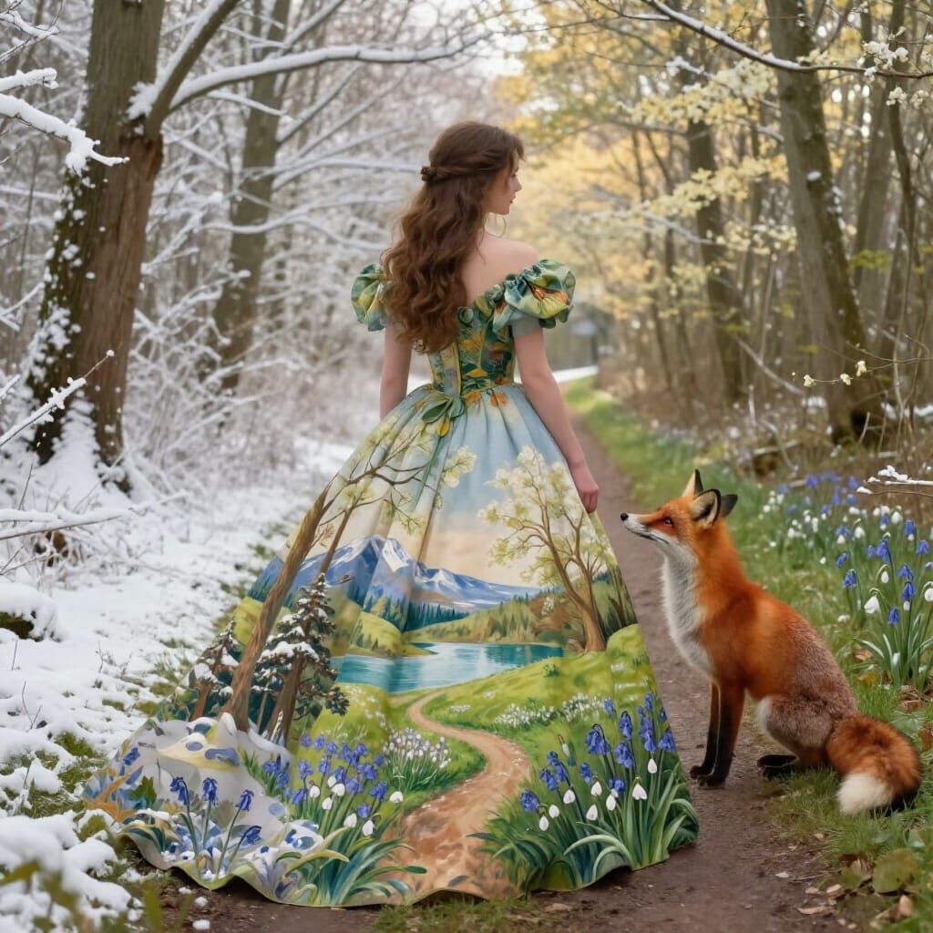 Woman in Seasonal Gown on Forest Path with Fox