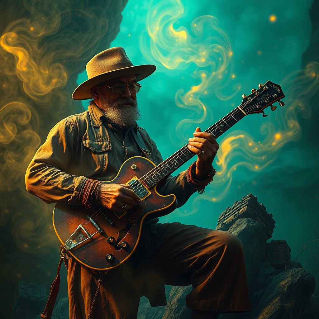 Delta Blues Musician in Ethereal Landscape