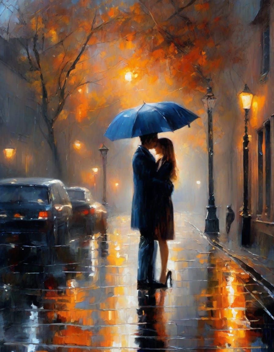 Intimate Couple Hugs Under Streetlight in Rainy City