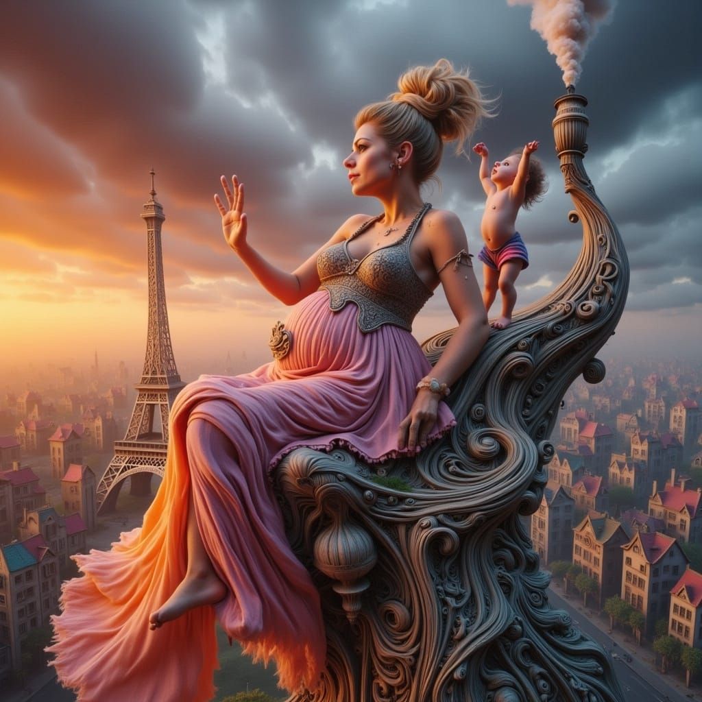 <lora:-Wonky Houses-:1.0> Photo of a pregnant woman dressed in a floating gown, sitting at the top of the Eiffel Tower a...