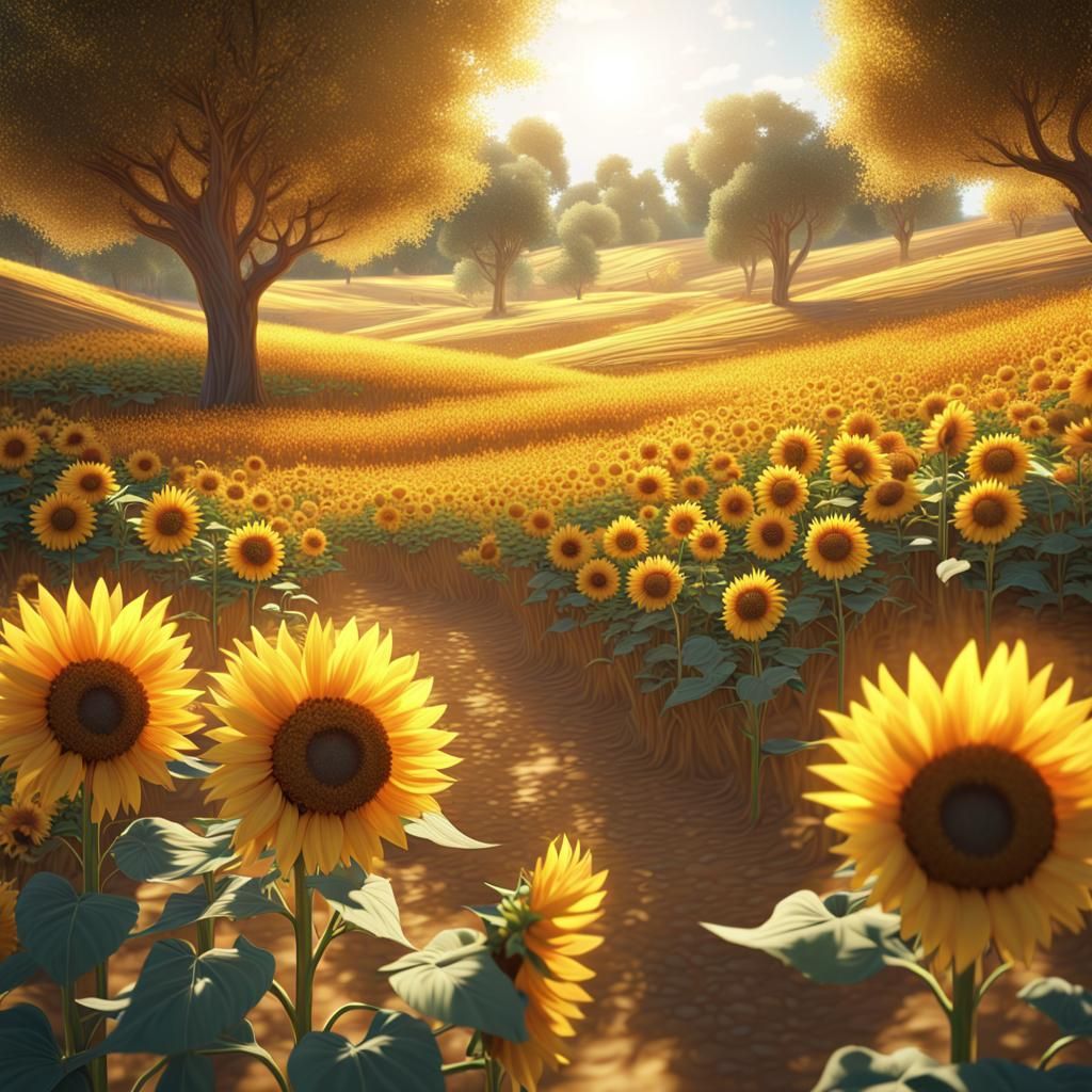 Vibrant Yellow Sunflower Landscape in Dynamic Lighting