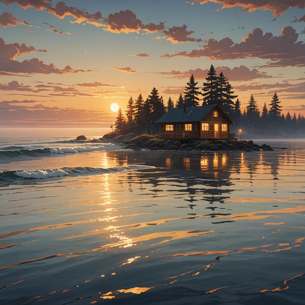 Sunset Cabin: Anime-Inspired Ocean Digital Art
