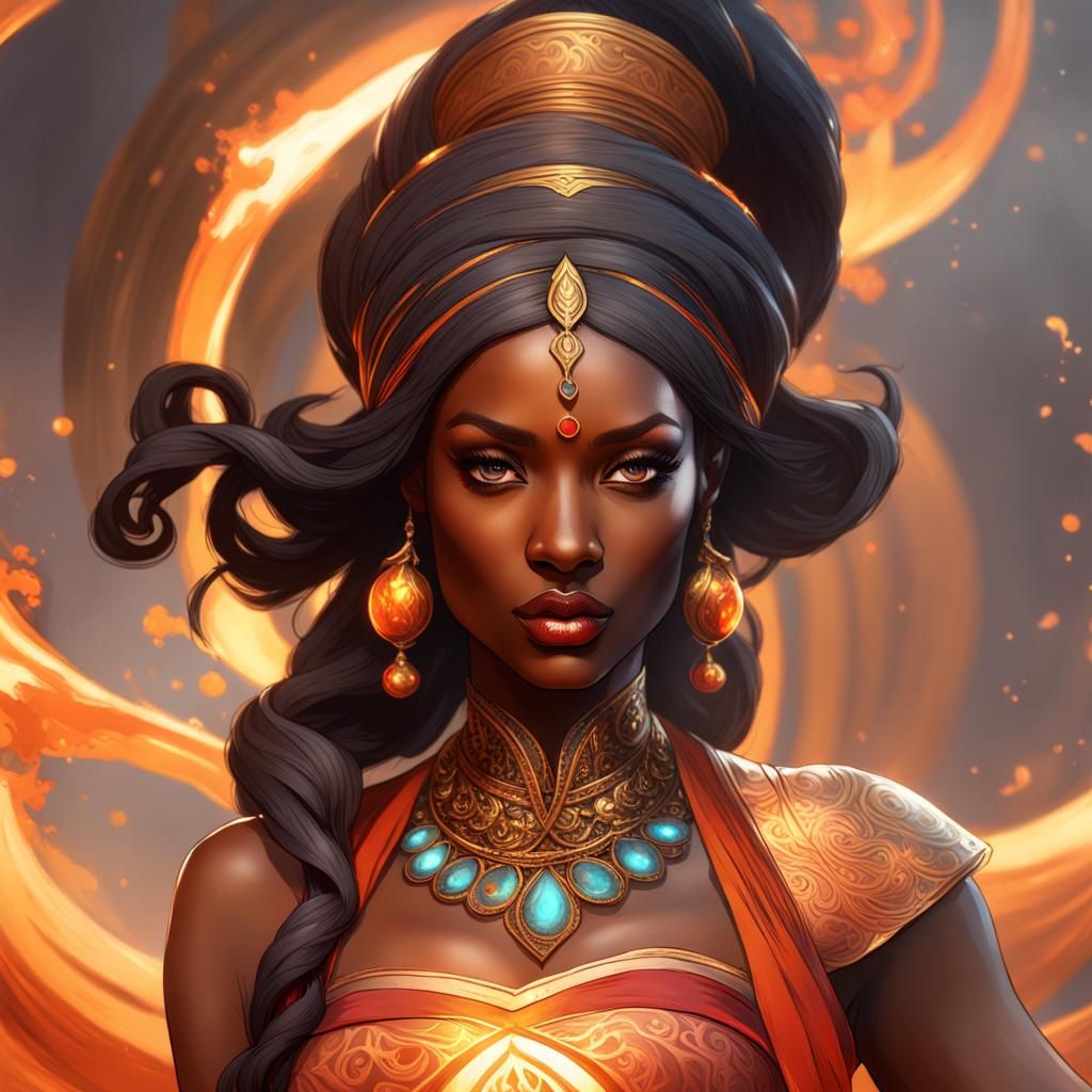Black Female Genie Emerges from Magic Lamp