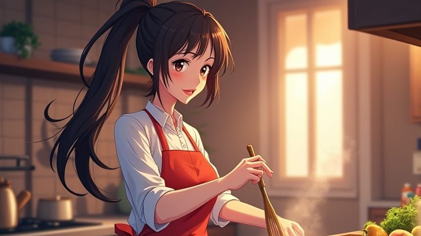 Elegant Anime Woman Cooking Masterpiece in Cinematic Lightin...