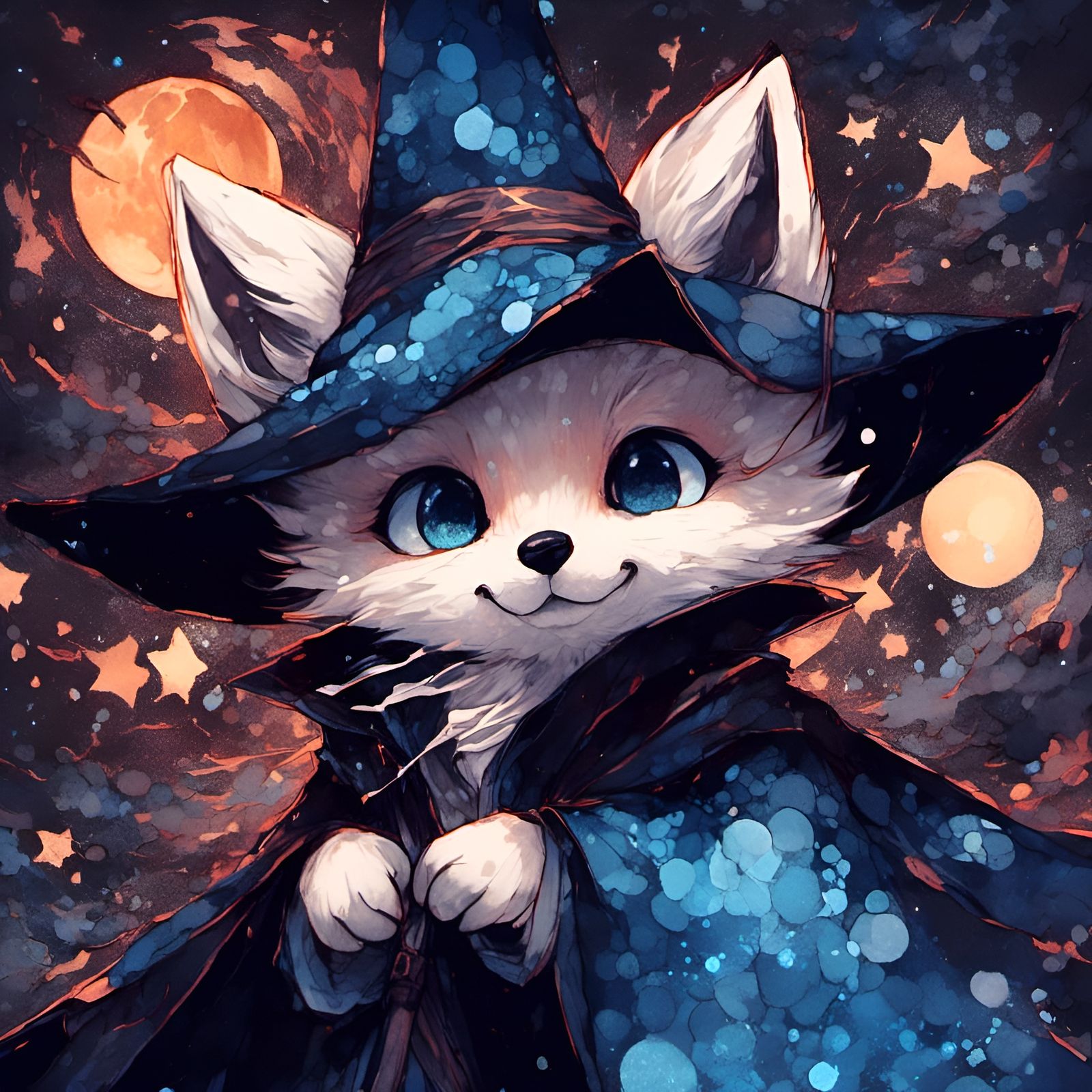 Chibi Fox Wizard in Starry Night Sky