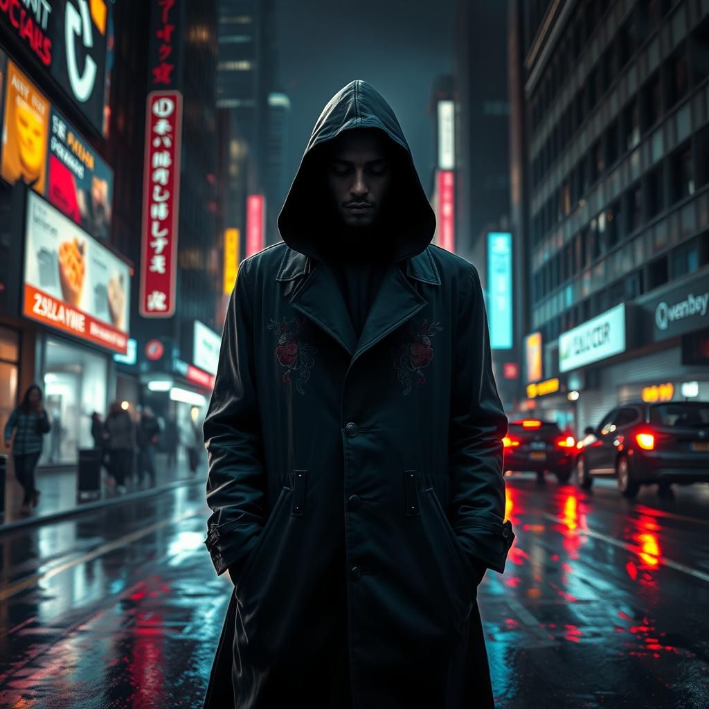 Cyberpunk Meditative Figure in Dystopian Cityscape