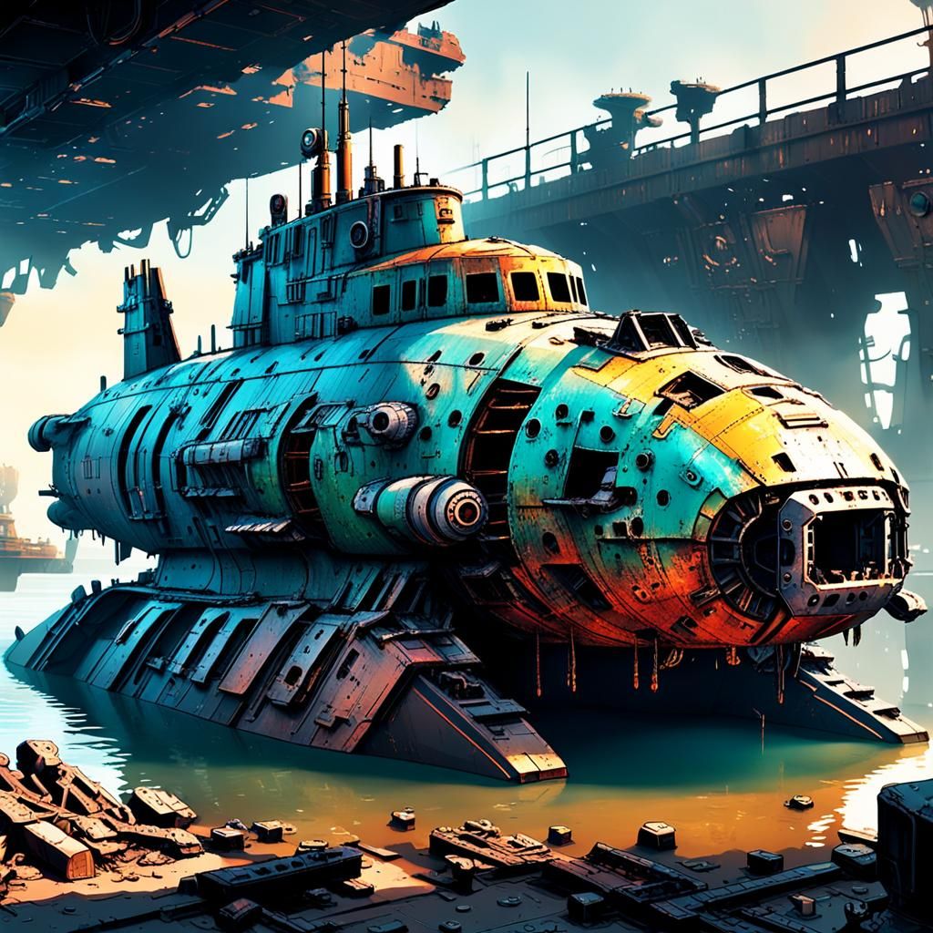 Damaged Mecha Submarine in Ravaged Port: Anime Aesthetic