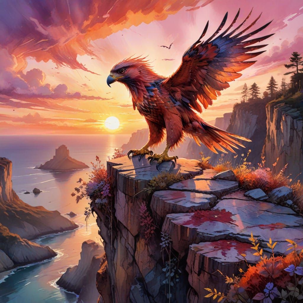 Vibrant Sunset Cliff Scene with a Majestic Vermilion Hawk in...