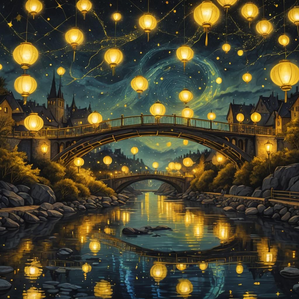 Starry Night River Scene with Lanterns
