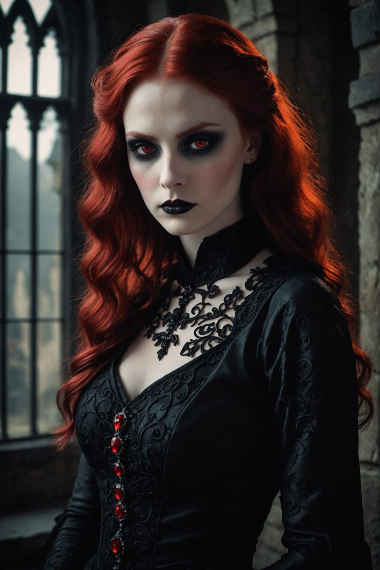 Gothic Redhead Vampire in Dark Fantasy Portrait