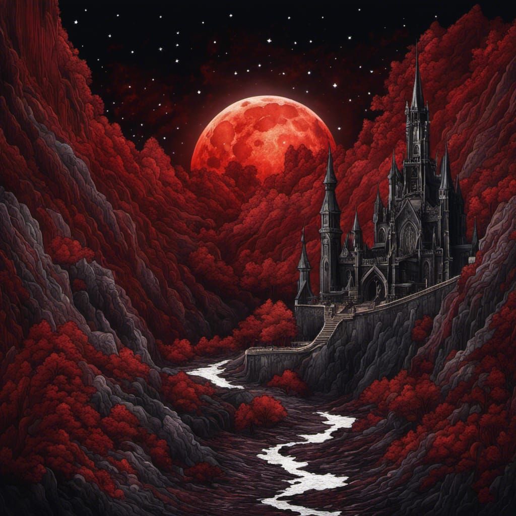High Gothic Blood Moon in Tim Burton Style