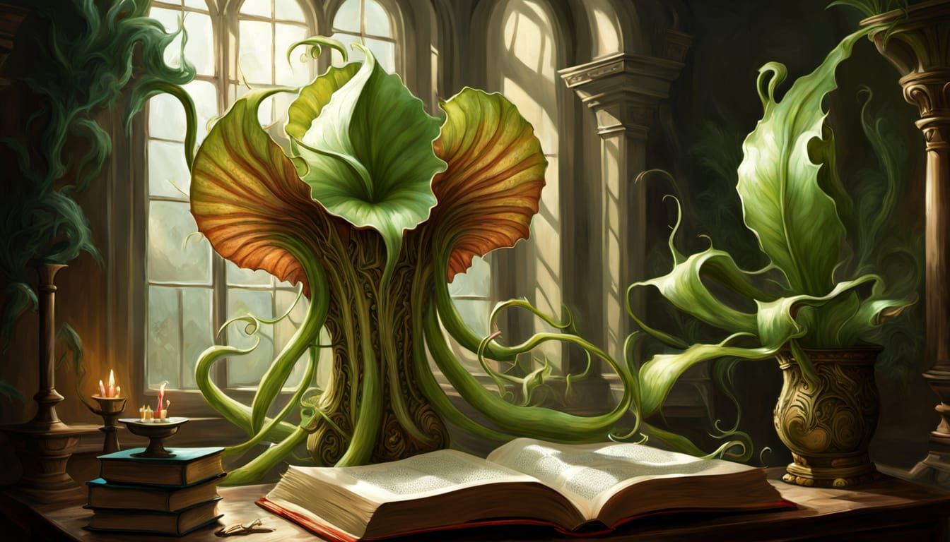 Magical Carnivorous Plant Reads Book in Enchanting Oil Paint...