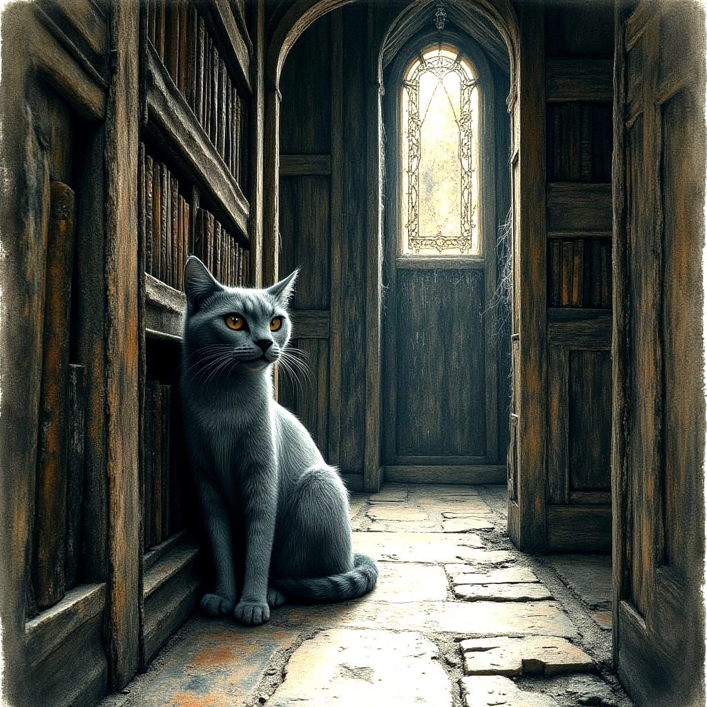 Gothic Library Cat: Watercolor & Charcoal Sketch