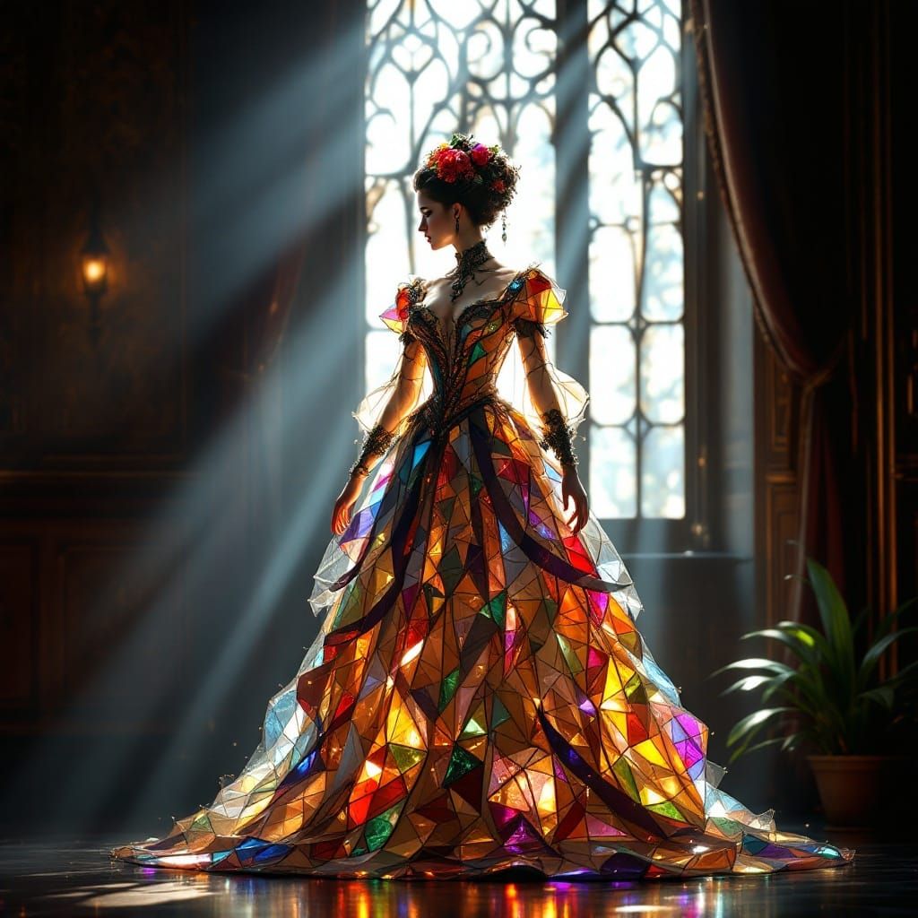 Ethereal Victorian Goddess in Stained Glass Splendor
