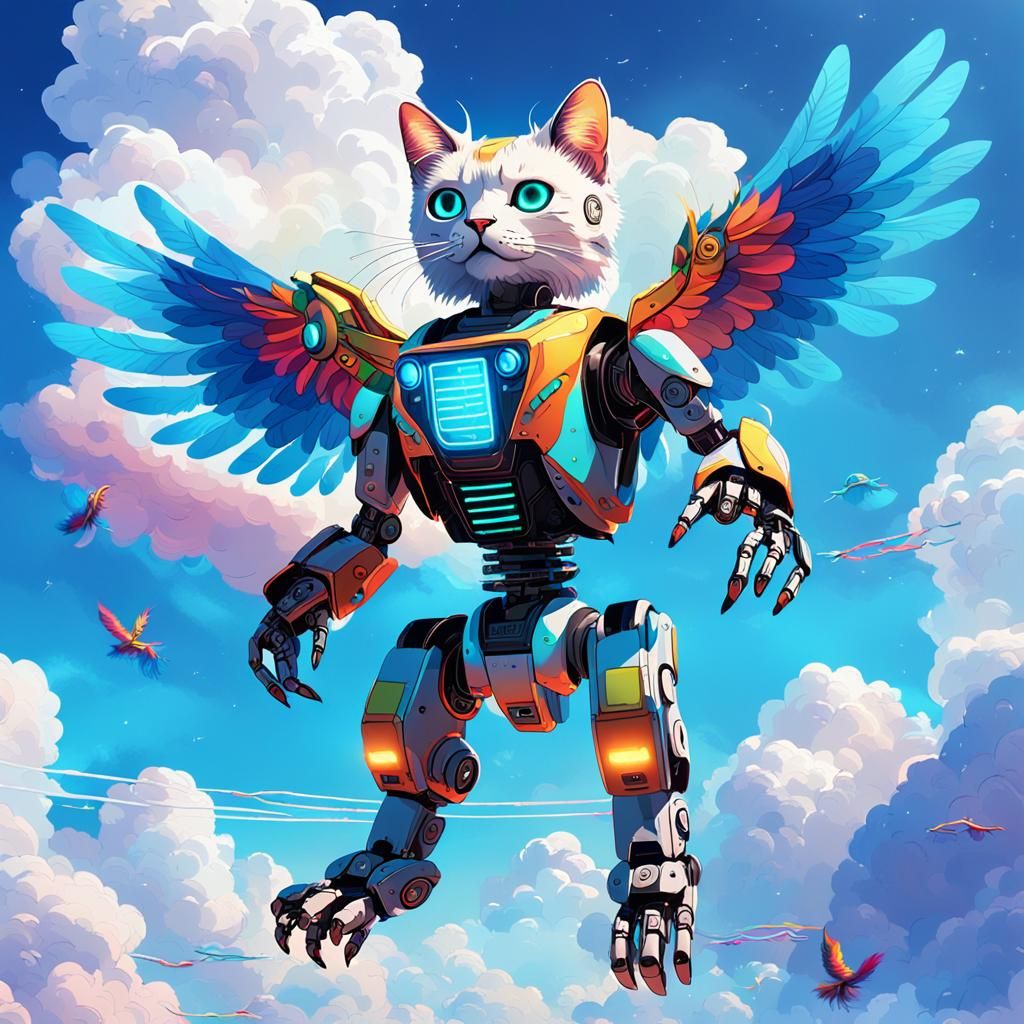 Cyberpunk Robot Cat Soars Through Vibrant Skies