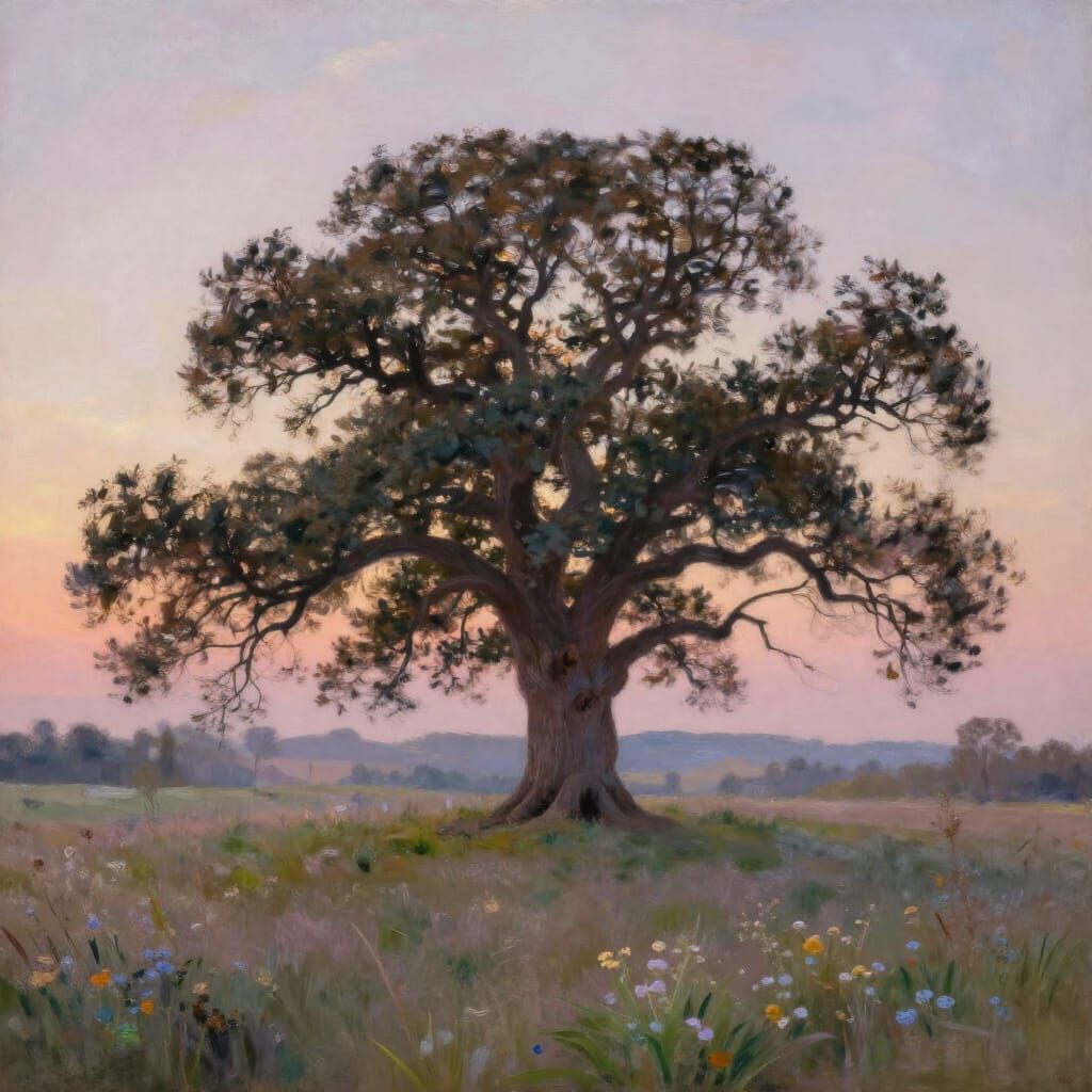 Ancient Oak Tree at Dusk in Impressionist Style