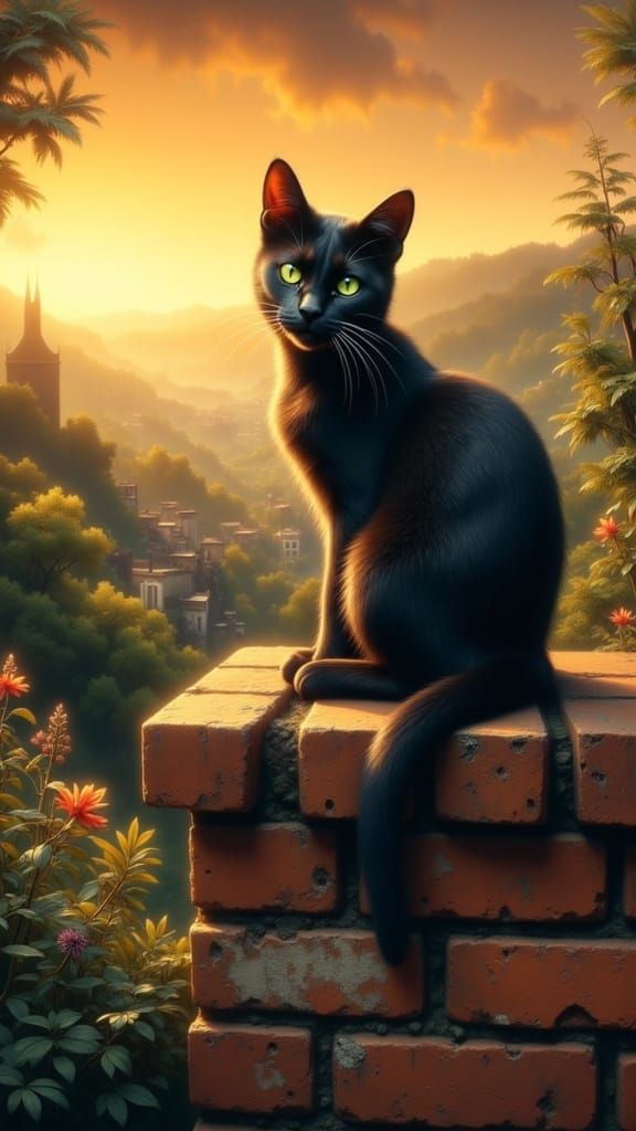 Whimsical Sunset Scene with a Black Cat in Impressionist Sty...