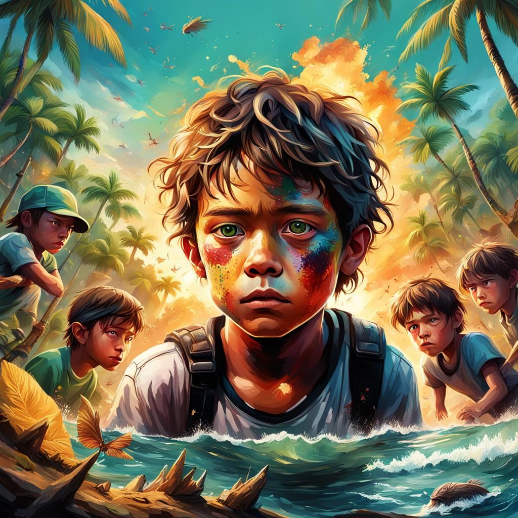 The Lord of the Flies island and children Hyperrealistic, sp...