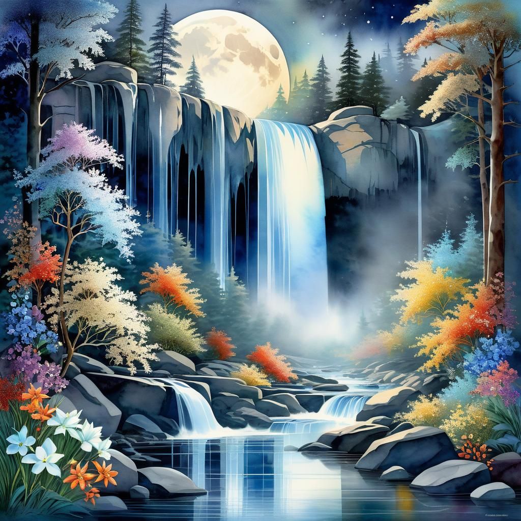 Surreal Watercolor Masterpiece: Shimmering Moonstone Flowers