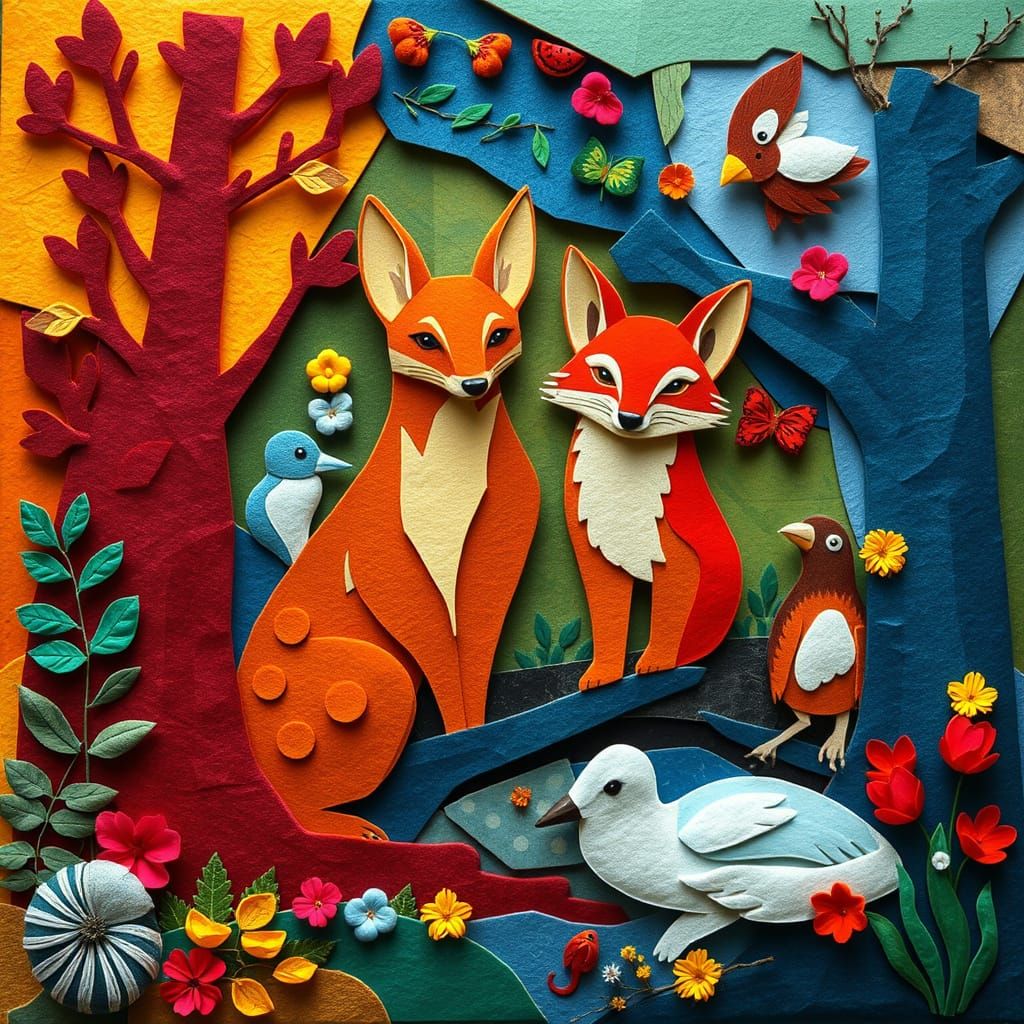 Layered Felt Woodland Scene in Geometric Fauvism Style