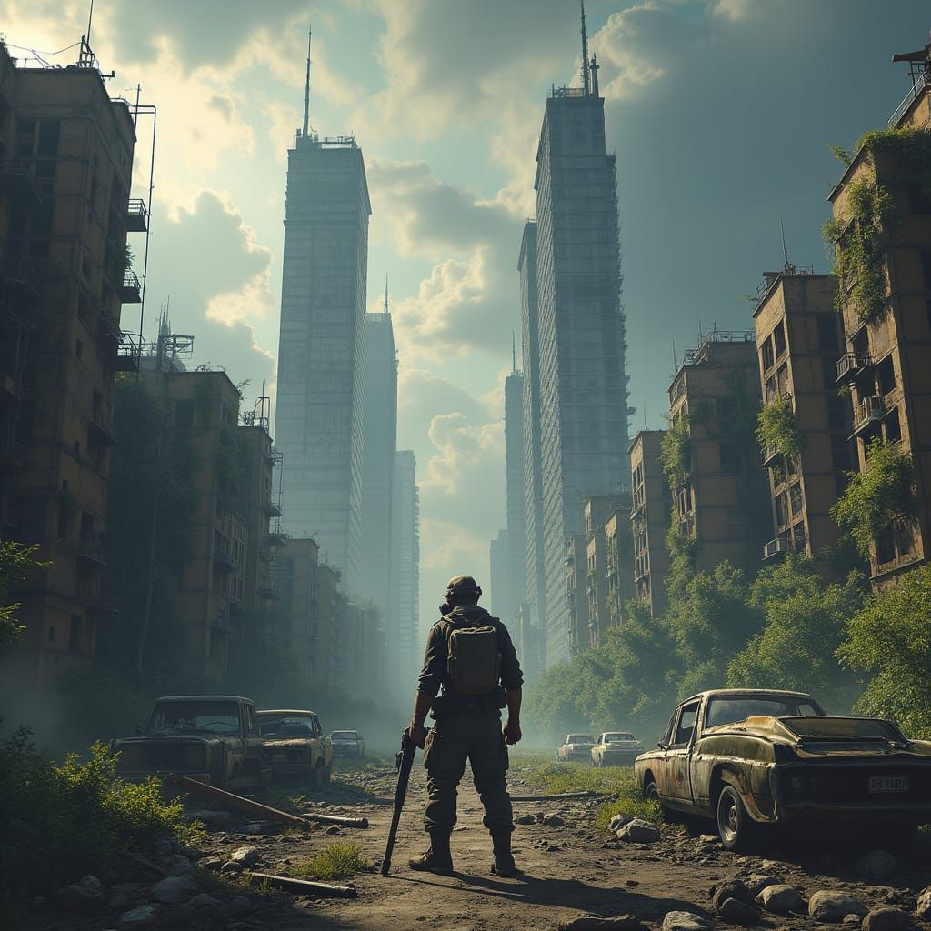 Post-Apocalyptic Survivor in Desolate Urban Landscape