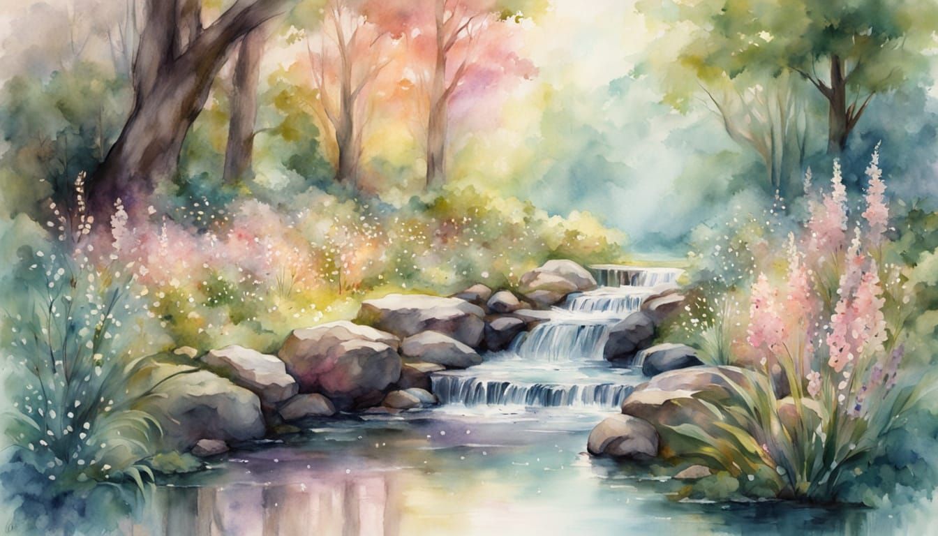 Dreamy Watercolor Waterfall in Enchanted Garden