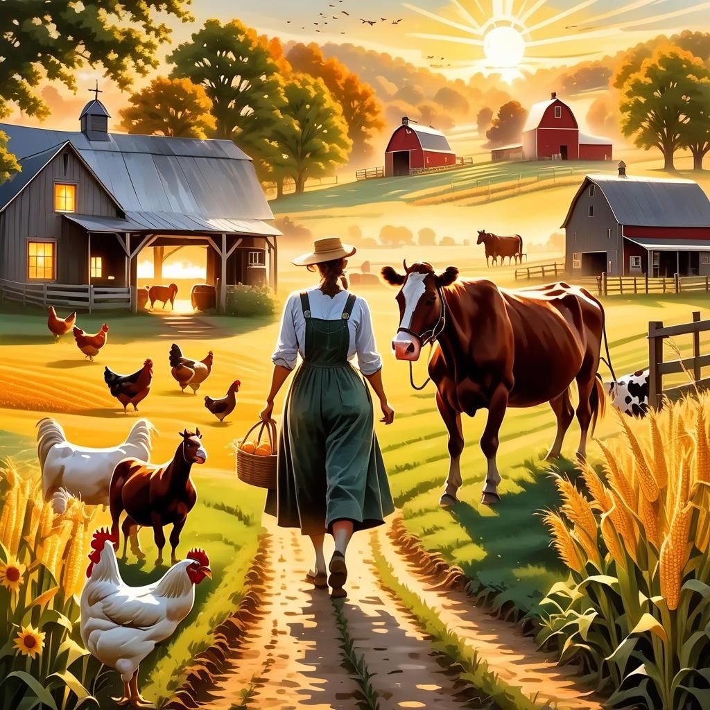 Life on the farm, a farmhouse, barn, cows, horses, chickens and cornfields, surrounded by the spirit of magic, a woman a...