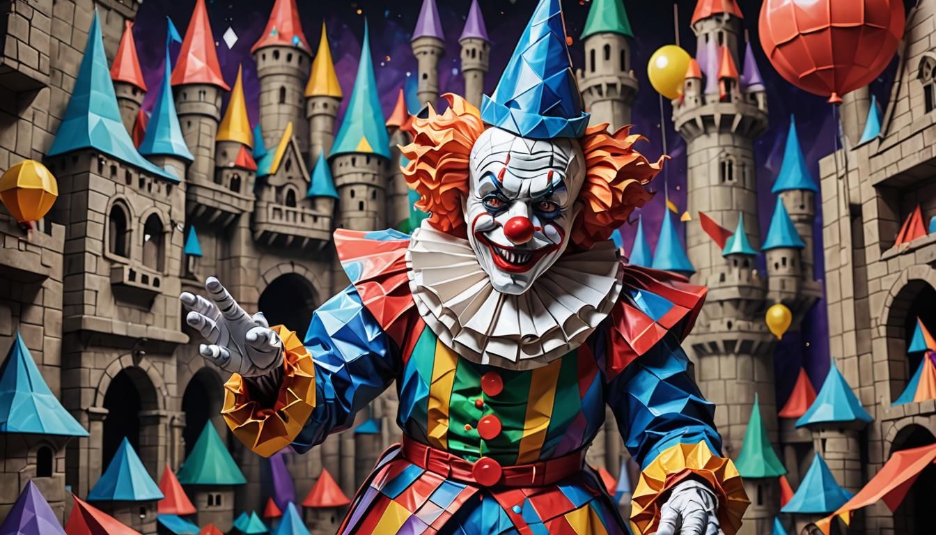Origami paper Clown in a fantasy castle