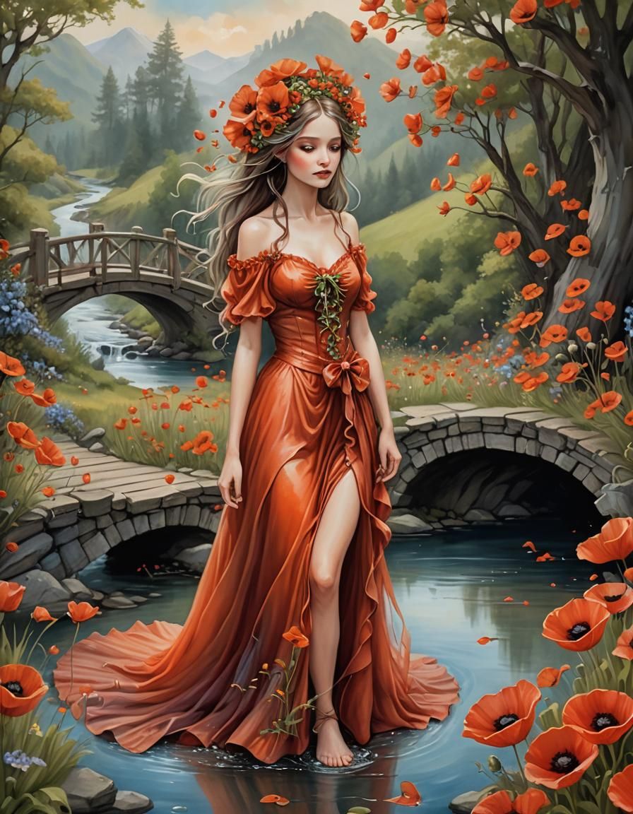 Poppy Fairy on Bridge: Enchanted Fantasy Art