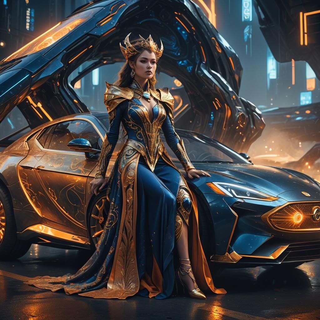 Fantasy Lady with Futuristic Car in Digital Art
