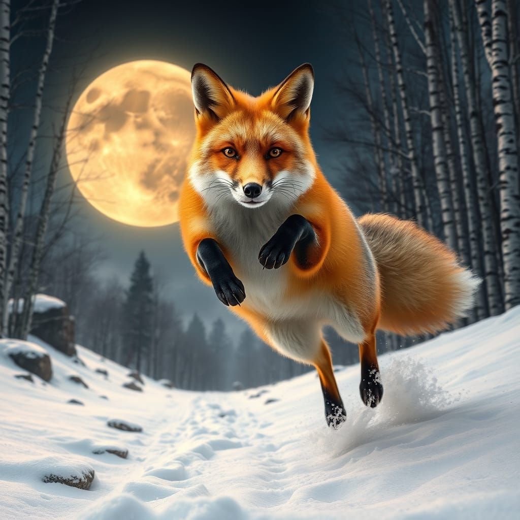 Fox Leaping Through Snowy Landscape in Vibrant Digital Art