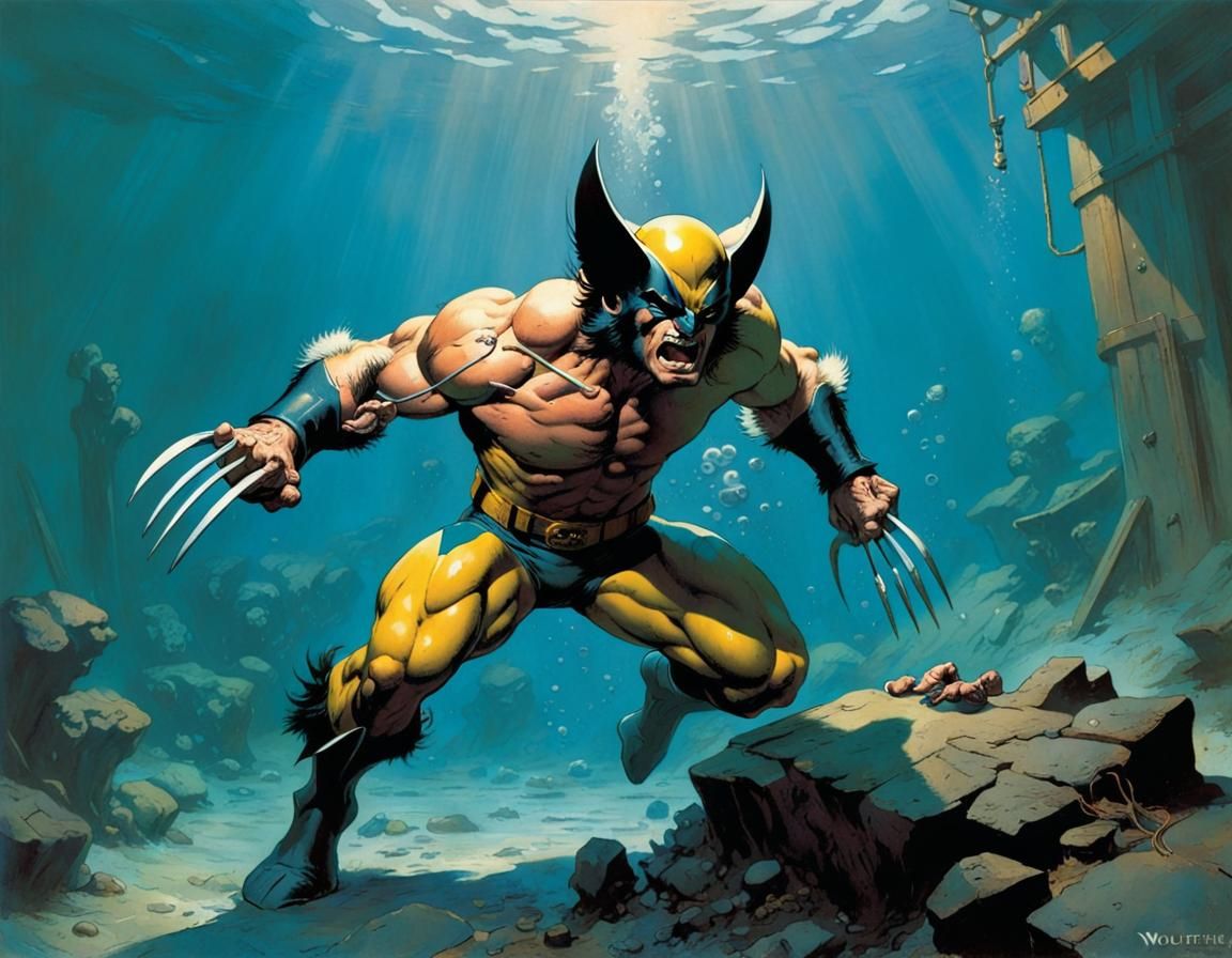 Wolverine Underwater Riot in Frazetta Style